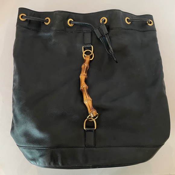 Gucci Black Leather Backpack Vintage Side Bamboo Handle Drawstring - Picture 8 of 16